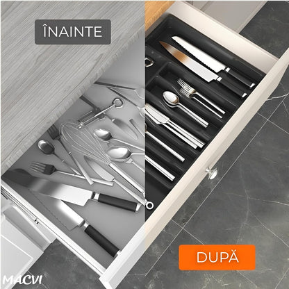 Organizator tacamuri sertar extensibil Macvi® 8 compartimente bloc pentru cutite detasabil negru