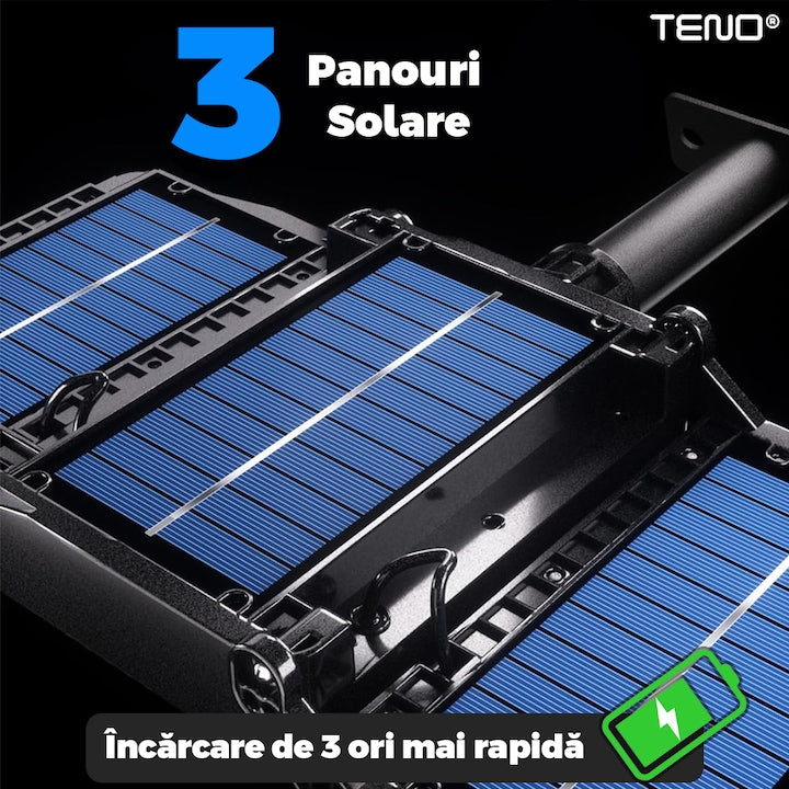 Lampa Solara Stradala 24 LED-uri Teno®, tip bec, 3 capete, control prin telecomanda, senzor de miscare, 3 moduri de iluminare, protectie IP65, Waterproof, exterior, negru