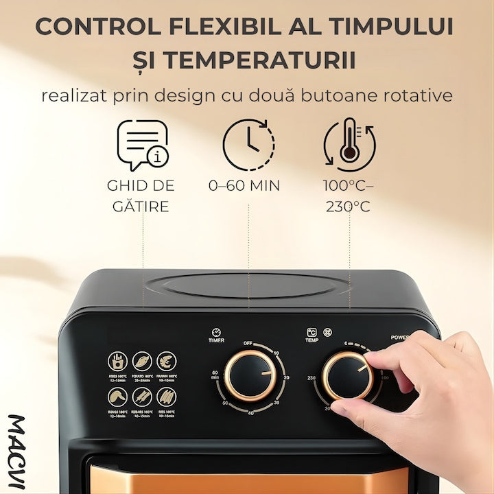 Friteuza cu Aer Cald Macvi®, Cuptor Electric cu Prajitor de Paine, Cuptor cu Convectie de 12L, Tehnologie de Circulatie a Aerului 360°