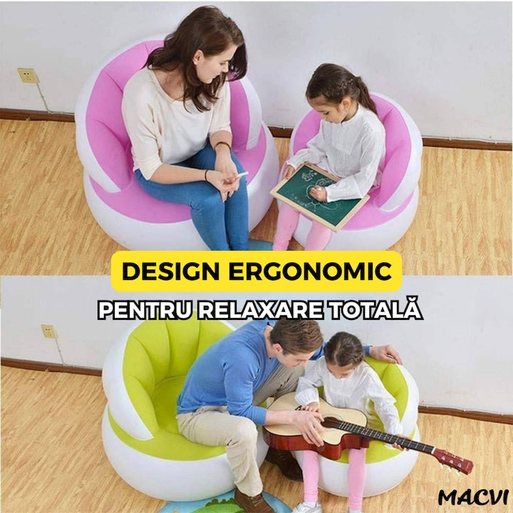 Scaun gonflabil confortabil cu pompa inclusa, design modern, dimensiuni 85x70 cm, ideal pentru interior si exterior, roz