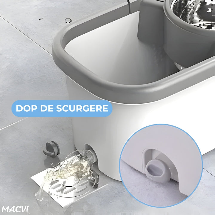 Set Mop Rotativ Macvi®, Galeata, Dubla Actiune, Capat Microfibra, Sistem Stoarcere, Inaltime Ajustabila, Alb/Gri