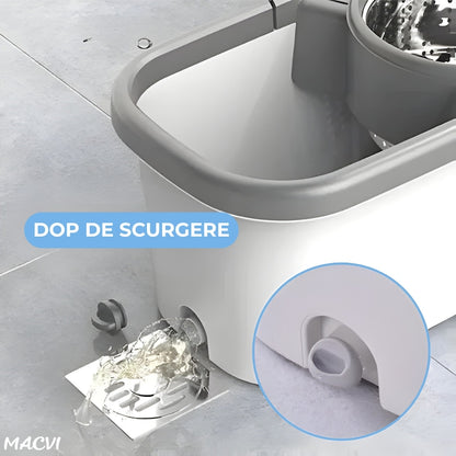 Set Mop Rotativ Macvi®, Galeata, Dubla Actiune, Capat Microfibra, Sistem Stoarcere, Inaltime Ajustabila, Alb/Gri