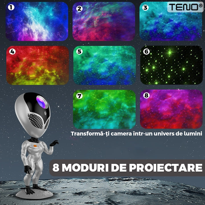 Proiector de Lumini Teno®, tip extraterestru, cu telecomanda si timer pentru durata de iluminare, 8 moduri de proiectie, rotire 360 de grade, ajustare luminozitate, gri
