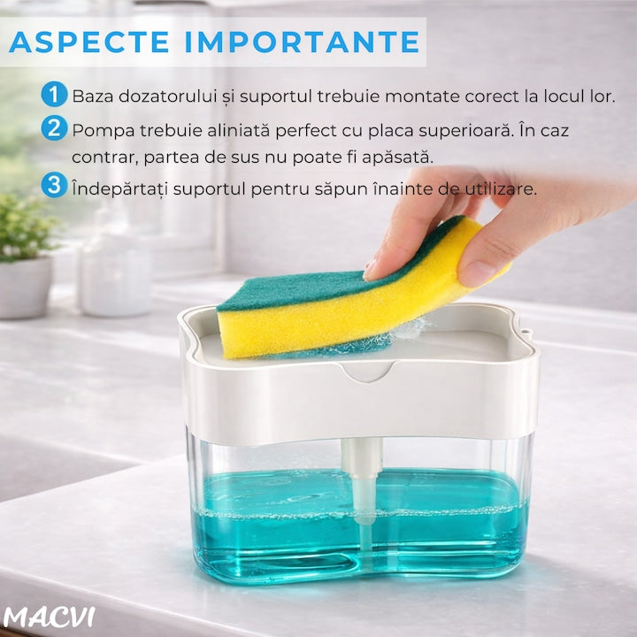 Dispenser detergent Macvi® 380 ml cu suport pentru burete, actionare prin apasare, economisire detergent