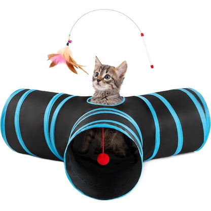 Tunel pliabil pentru pisici Macvi®, 3 cai, cu clopotei, poliester rezistent, portabil, 28x28x5 cm, albastru