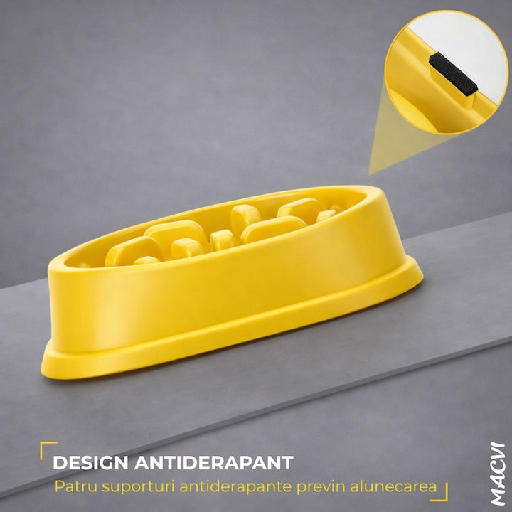 Alimentator Lent pentru Animale Macvi®, Bol Antiderapant Hranire Lenta pentru Caini si Pisici Design Interior AntiInghitire Material Sigur Usor de Curatat Rezistent, Galben