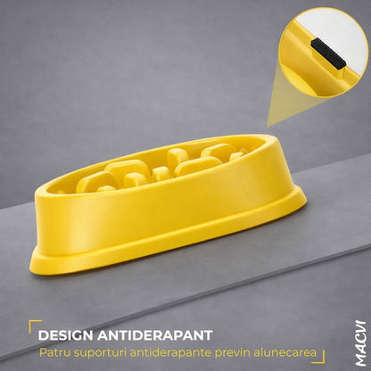 Alimentator Lent pentru Animale Macvi®, Bol Antiderapant Hranire Lenta pentru Caini si Pisici Design Interior AntiInghitire Material Sigur Usor de Curatat Rezistent, Galben