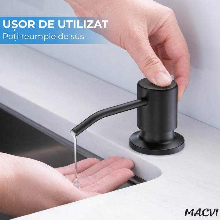Dozator Incorporabil Macvi® Negru pentru Chiuveta Sapun Detergent Rezervor 300ml Design Modern
