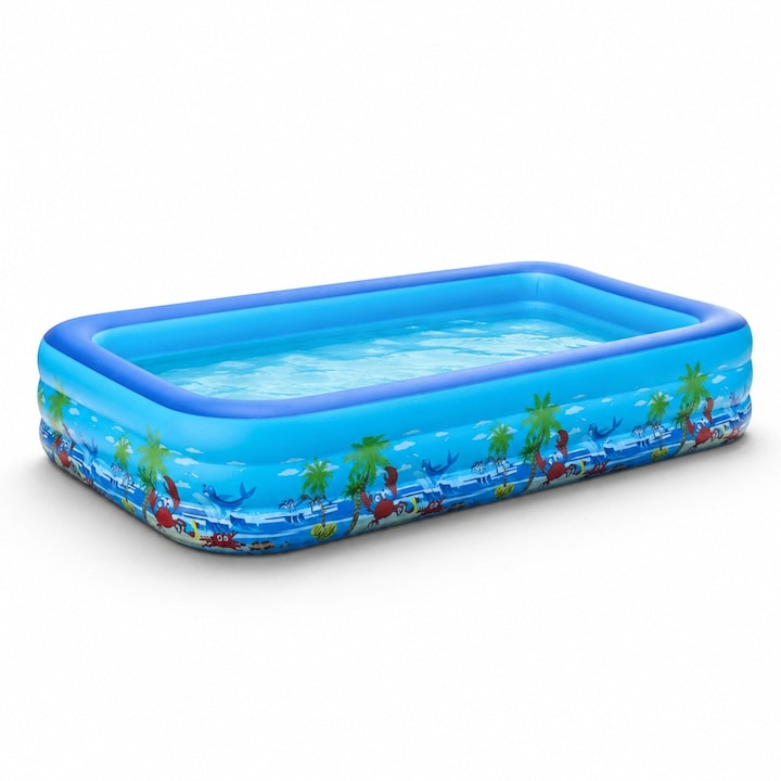 Piscina gonflabila familiala Macvi® 260x165x54cm, 3 inele, PVC rezistent la UV, montare rapida, pentru copii si adulti, curte si gradina, design tropical