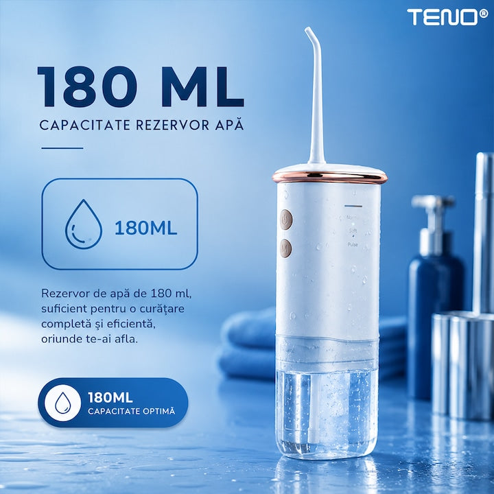 Irigator Bucal Portabil Teno®, compact, eficienta ridicata, jet cu presiune, anti-tartru, alb