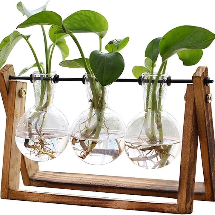 Vaza decorativa Macvi®, hidroponica cu 3 recipiente din sticla, suport din lemn pliabil, bej/transparent, 28x13.5 cm
