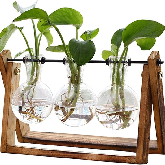 Vaza decorativa Macvi®, hidroponica cu 3 recipiente din sticla, suport din lemn pliabil, bej/transparent, 28x13.5 cm