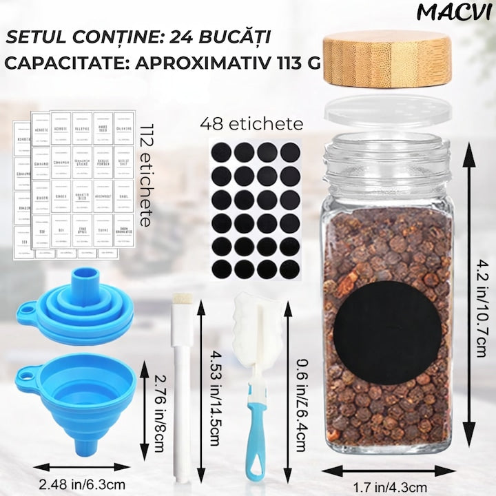 Set 24 recipiente Macvi® organizatoare pentru condimente, sticla, capac bambus, cu palnie, perie, site, etichete si marker incluse