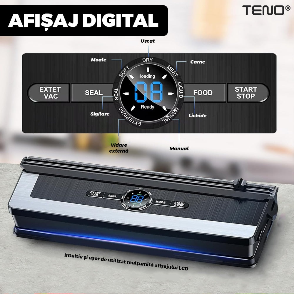 Aparat de Vidat si Sigilat PRO Teno®, functie de sigilare si vidare automata, vidare externa, 8 moduri de operare, putere ridicata, 65 kpa, furtun inclus, cutter incorporat, afisaj digital, negru