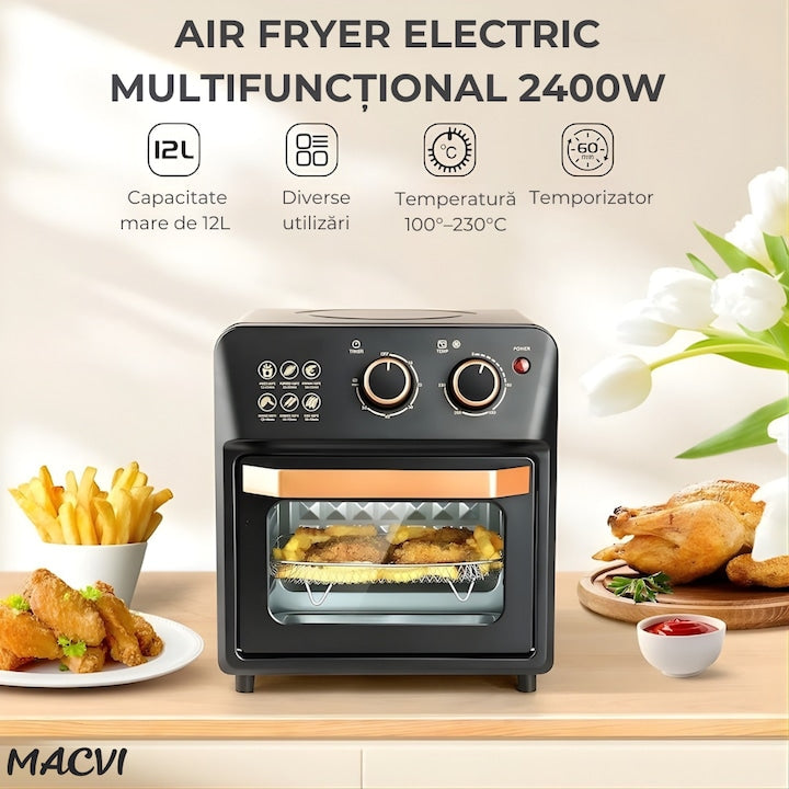 Friteuza cu Aer Cald Macvi®, Cuptor Electric cu Prajitor de Paine, Cuptor cu Convectie de 12L, Tehnologie de Circulatie a Aerului 360°
