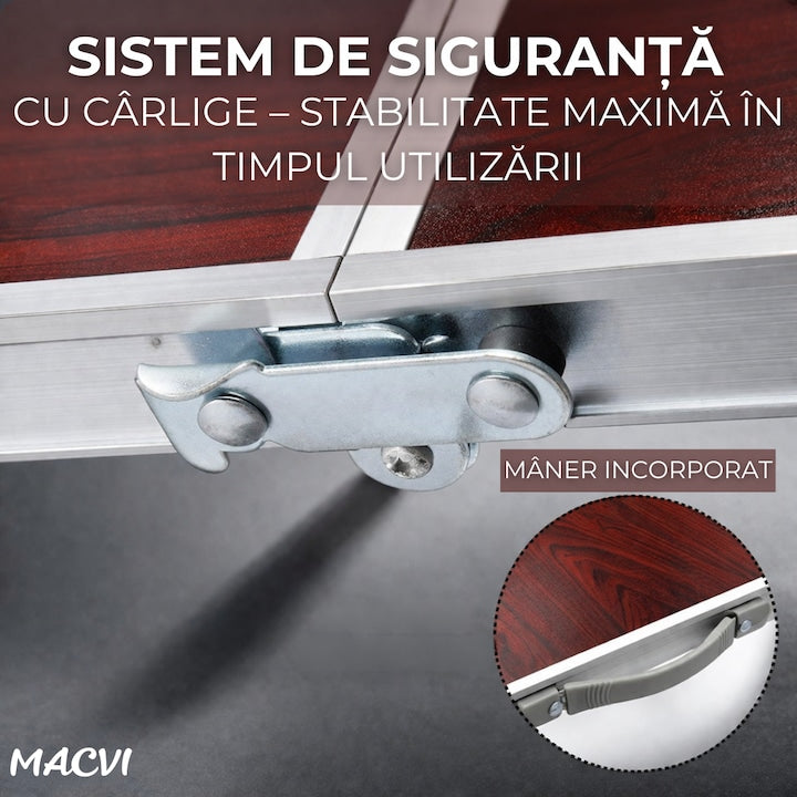 Masa pliabila camping Macvi® Meteor, aluminiu usor, blat MDF 120x60 cm, reglabila pe inaltime, portabila tip valiza