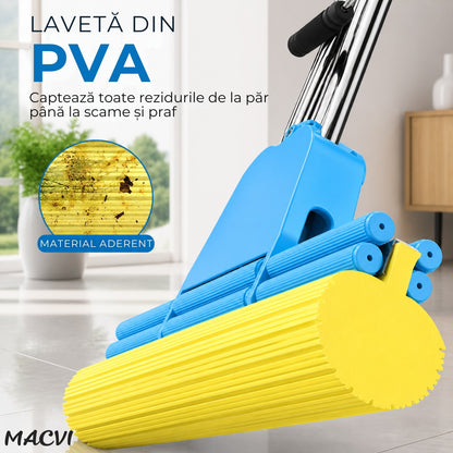 Mop Macvi® cu Storcator si Coada Metalica Telescopica 88-105 cm, PVA, 37 x 5 x 5 cm, Albastru