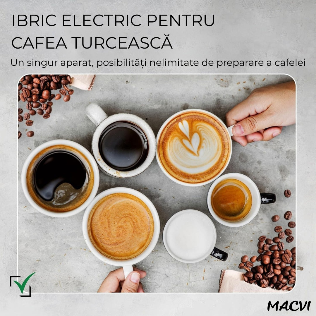 Cafetiera Electrica Macvi® Tip Ibric pentru Cafea Turceasca, 600W, 0, 3L, Display LCD, Negru/Auriu, Multifunctionala