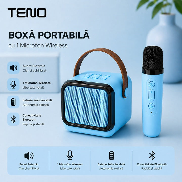 Boxa Portabila Teno®, Karaoke, 1 microfon wireless, RBG, Albastru deschis