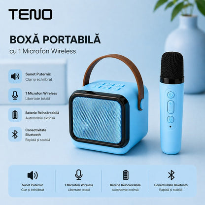 Boxa Portabila Teno®, Karaoke, 1 microfon wireless, RBG, Albastru deschis