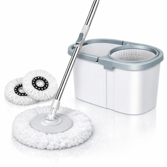 Set Mop Rotativ Macvi®, Galeata, Dubla Actiune, Capat Microfibra, Sistem Stoarcere, Inaltime Ajustabila, Alb/Gri