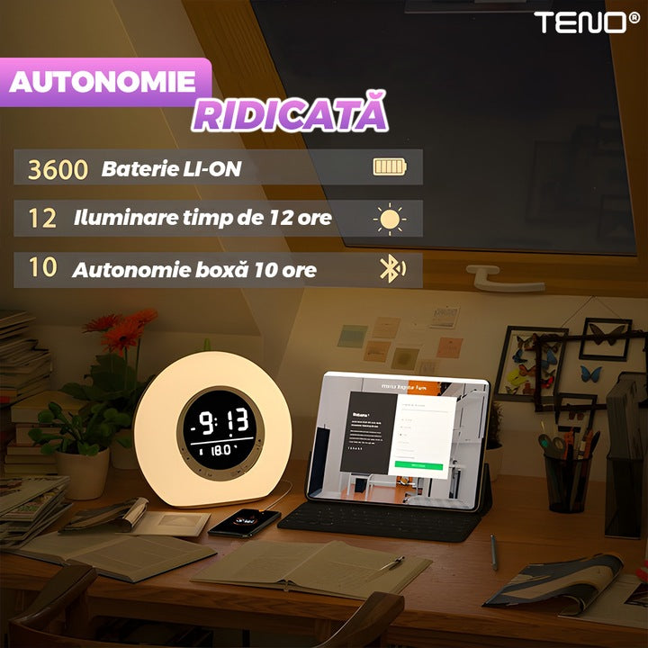 Ceas Desteptator Multifunctional Teno®, Bluetooth, functie de alarma, functie de radio, afisaj temperatura, lumini RGB, autonomie ridicata, rotund