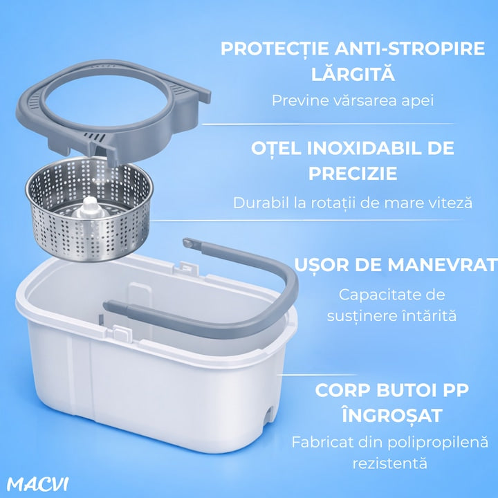 Set Mop Rotativ Macvi®, Galeata, Dubla Actiune, Capat Microfibra, Sistem Stoarcere, Inaltime Ajustabila, Alb/Gri