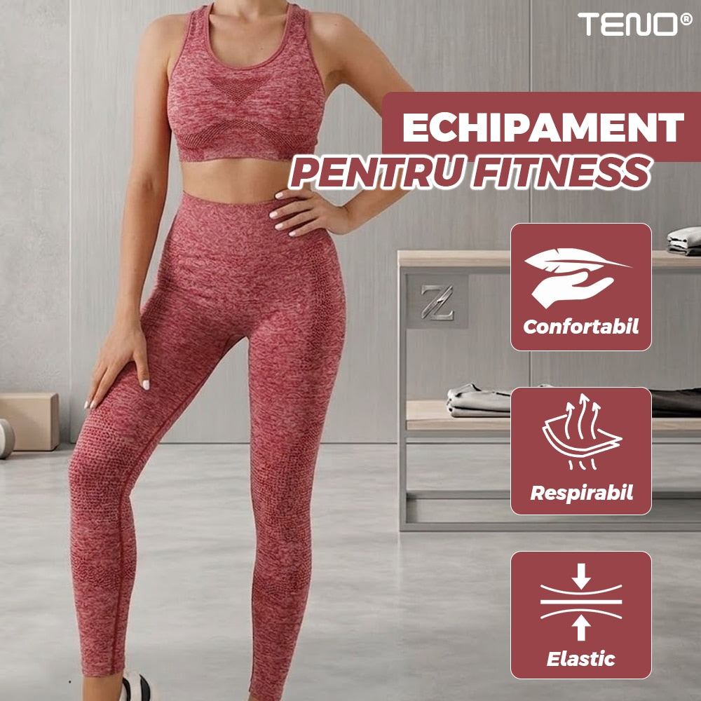 Set Costum Fitness din 2 Piese Teno®, colanti si bustiera, material respirabil, uscare rapida, elasticitate ridicata, one-size, roz