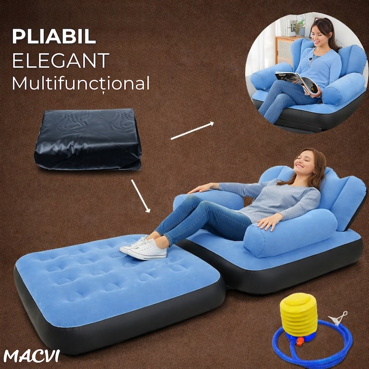 Fotoliu Gonflabil Macvi® XL 2 in 1 Portabil Pentru Interior, Exterior, Camping sau Plaja, Design Ergonomic, 100x88x90 cm, Albastru