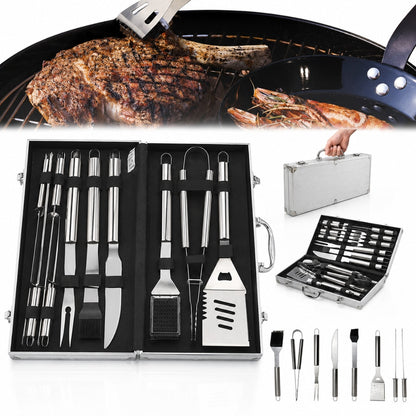 Set 10 ustensile pentru gratar Macvi® din otel inoxidabil premium, geanta transport aluminiu captusita, accesorii pentru un gratar reusit