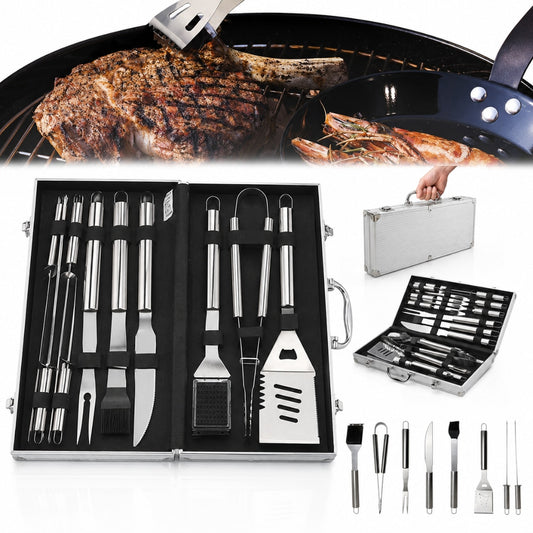 Set 10 ustensile pentru gratar Macvi® din otel inoxidabil premium, geanta transport aluminiu captusita, accesorii pentru un gratar reusit
