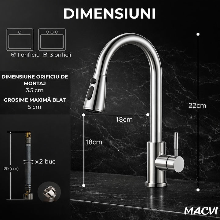 Baterie chiuveta bucatarie Macvi® Premium dus extractabil pipa inalta rotire 360 cartus ceramic 2 functii jet buton ON OFF racorduri incluse inox mat argintiu