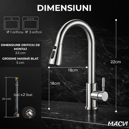 Baterie chiuveta bucatarie Macvi® Premium dus extractabil pipa inalta rotire 360 cartus ceramic 2 functii jet buton ON OFF racorduri incluse inox mat argintiu