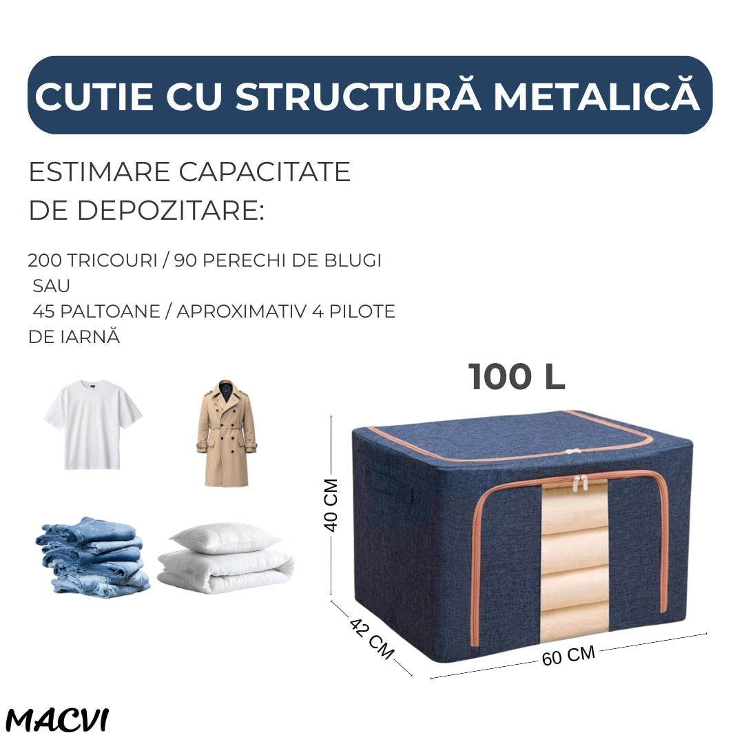 Organizator depozitare Macvi® 100 litri, cutie textila pliabila cu capac si fermoar, panou transparent pentru vizualizare si cadru metalic robust, ideala pentru haine voluminoase si depozitare