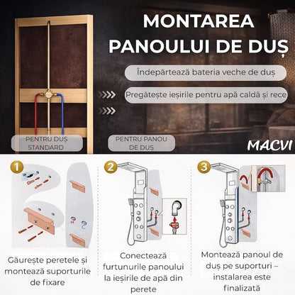 Panou dus Macvi® hidromasaj 5 functii LED digital inox auriu satin 120 cm, afisaj temperatura anticalcar dus tip ploaie cascada, para mobila, jeturi masaj baie, premium