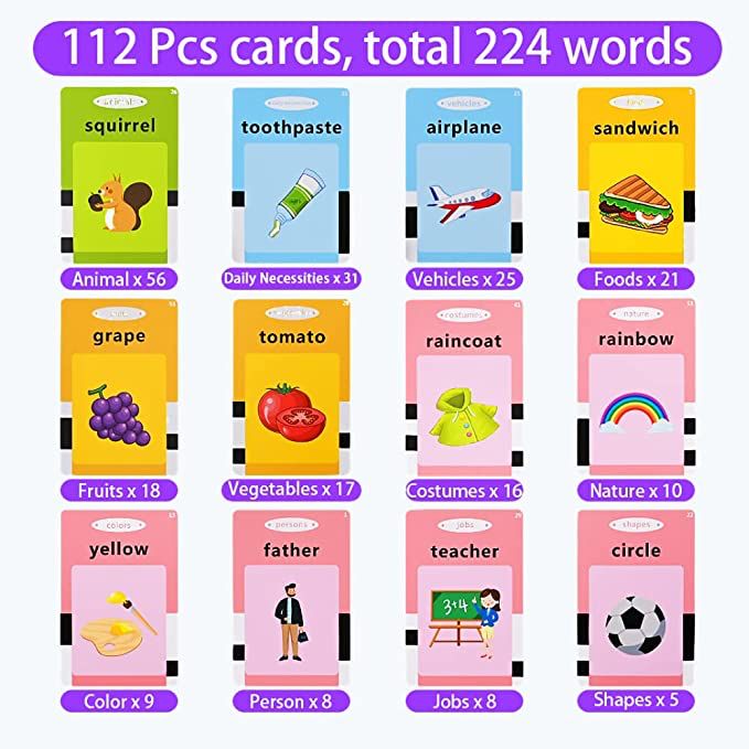 Jucarie educativa Montessori Macvi® masina de invatare limba engleza cu cititor carduri flash 112 carduri 224 cuvinte sunete interactive incarcare MicroUSB Roz 2 ani+
