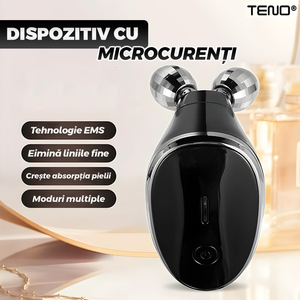 Aparat pentru Tratament Facial cu Microcurenti Teno®, lifting facial 3D, microcurenti EMS, antirid, remodelare, fermizare, suport inclus, cablu de alimentare, negru