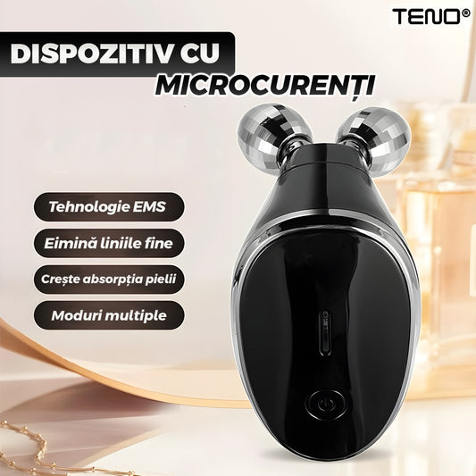 Aparat pentru Tratament Facial cu Microcurenti Teno®, lifting facial 3D, microcurenti EMS, antirid, remodelare, fermizare, suport inclus, cablu de alimentare, negru