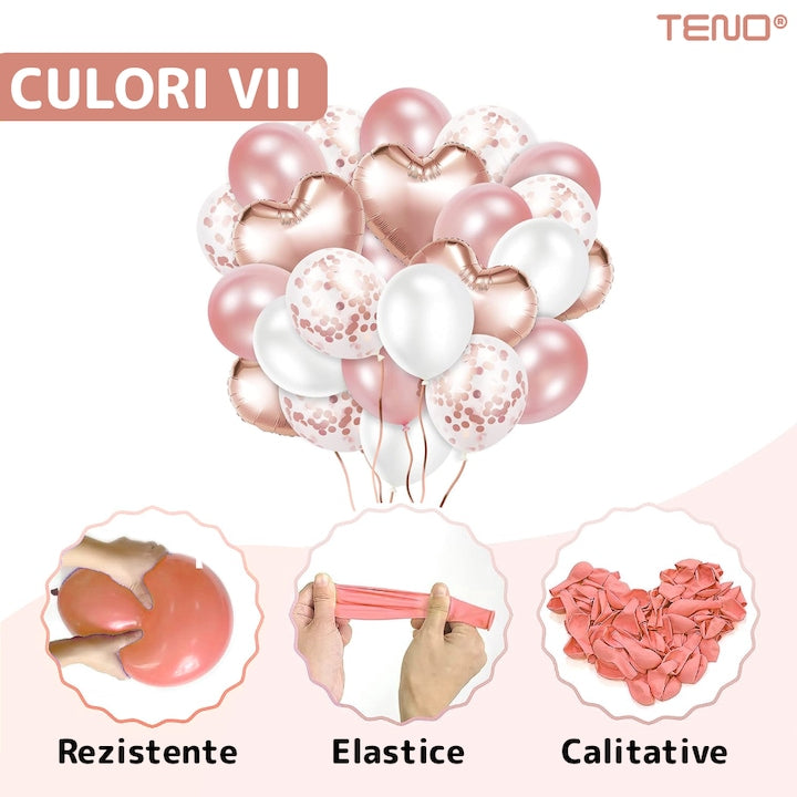 Set 48 Baloane Teno®, Confeti, Inimioara, pentru Petreceri/Aniversari/Evenimente, o singura dimensiune, 2 culori, latex, rose gold