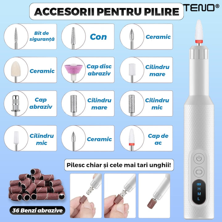 Pila Electrica Profesionala pentru Unghii Teno®, freza wireless, 18000 RPM, ecran LED, manichiura-pedichiura, 12 capete pentru pila, 36 benzi de slefurie, portabila, alba