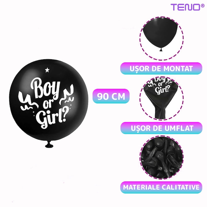Balon Gender Reveal Teno®, pentru Petreceri/Evenimente/Botezuri, confetti in 2 culori, negru