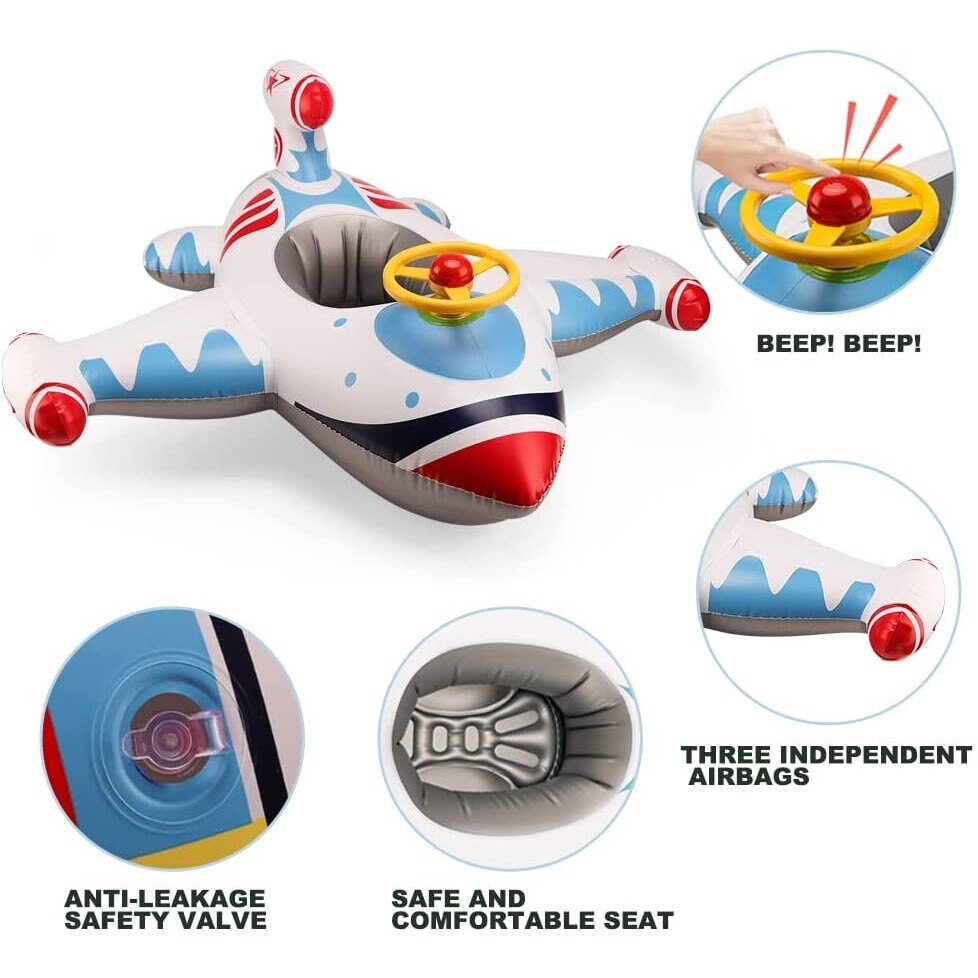Colac de inot gonflabil pentru copii Macvi®, model avion cu volan si claxon, multicolor, 1-4 ani, material durabil