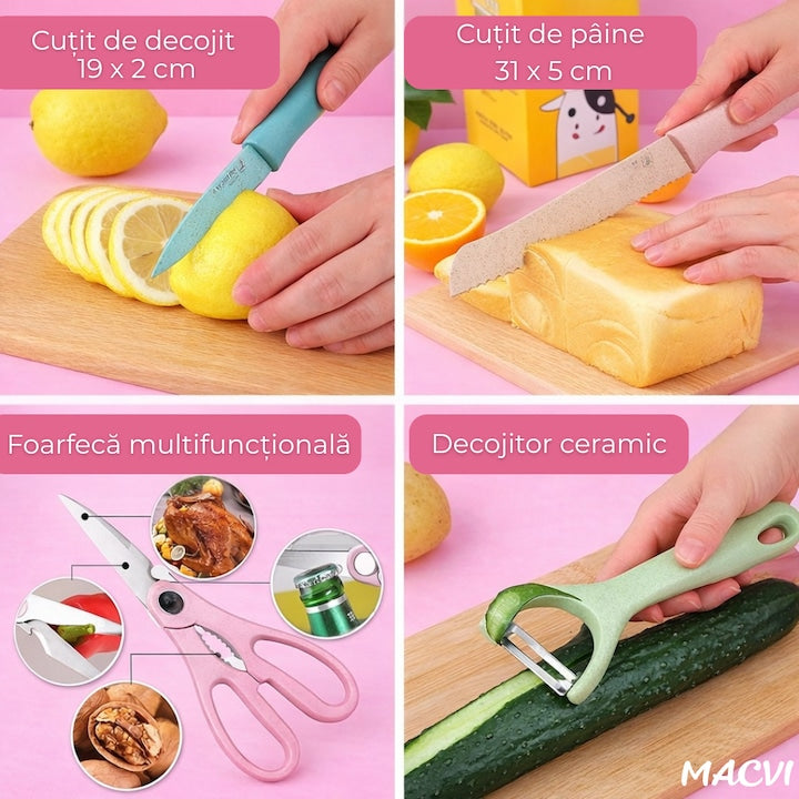 Set cutite bucatarie Macvi® 7 piese, otel inoxidabil, foarfece, curatator legume, tocator inclus, pentru carne, fructe si legume