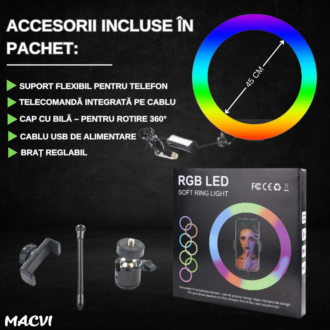Lampa circulara RGB LED Macvi® 45 cm, 20 moduri de lumina, cu suport de telefon, cablu de incarcare USB si telecomanda inclusa pe fir cu reglare a intensitatii