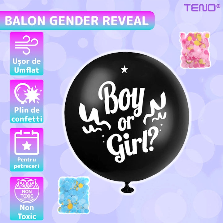 Balon Gender Reveal Teno®, pentru Petreceri/Evenimente/Botezuri, confetti in 2 culori, negru