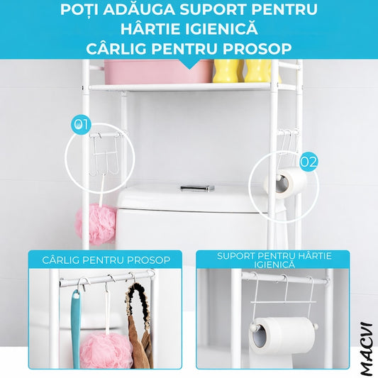 Organizator Multifunctional Macvi® pentru Baie, Toaleta sau Masina de Spalat, Suport pentru Detergenti, Prosoape si Accesorii de Igiena, Design Compact si Montare Rapida