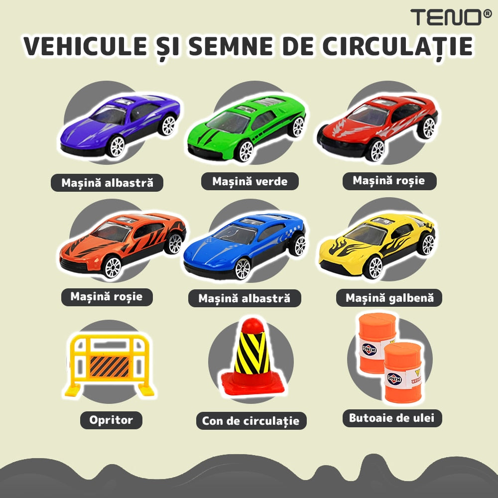 Set Camion Trailer de Jucarie pentru Transport Teno®, pentru masinute de curse, 9 masinute incluse, semne de circulatie, accesorii mobile, plastic si metal, scara 1:22, negru