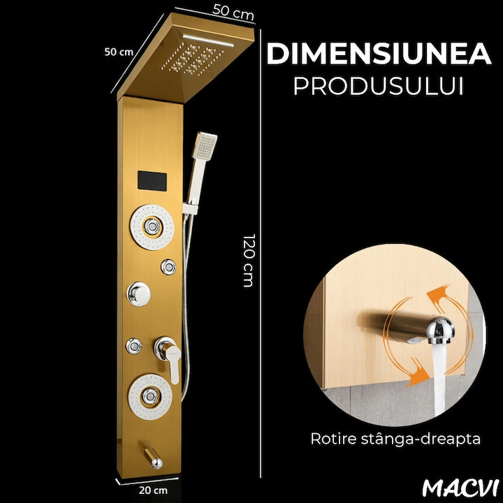 Panou dus Macvi® hidromasaj 5 functii LED digital inox auriu satin 120 cm, afisaj temperatura anticalcar dus tip ploaie cascada, para mobila, jeturi masaj baie, premium