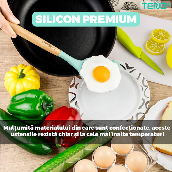 Set Ustensile Bucatarie 12 Piese Silicon Alimentar Teno®, termorezistente, antiaderente, sigure, suport inclus, turcoaz