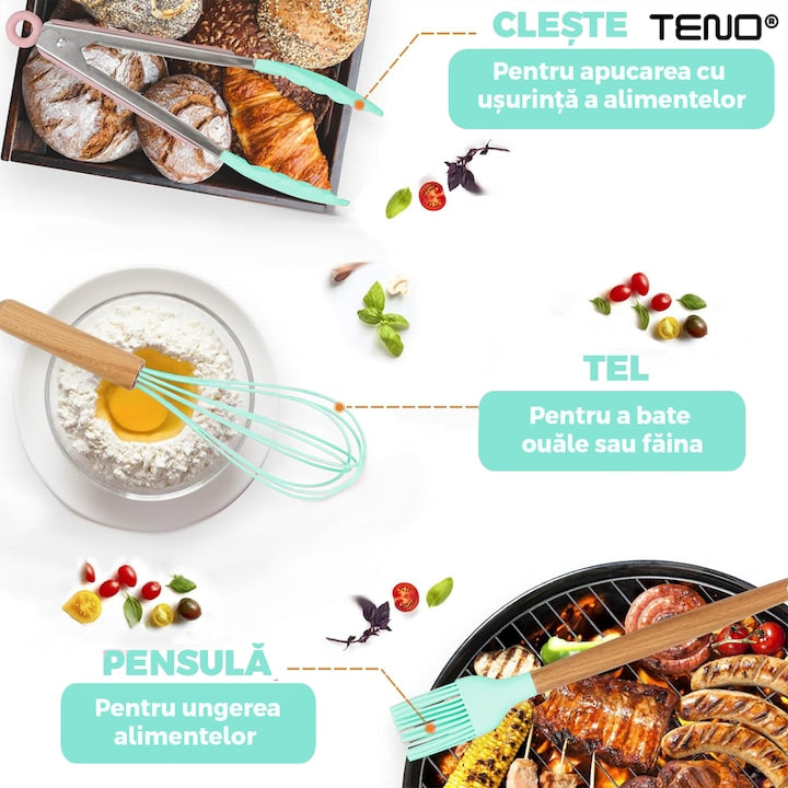 Set Ustensile Bucatarie 12 Piese Silicon Alimentar Teno®, termorezistente, antiaderente, sigure, suport inclus, turcoaz